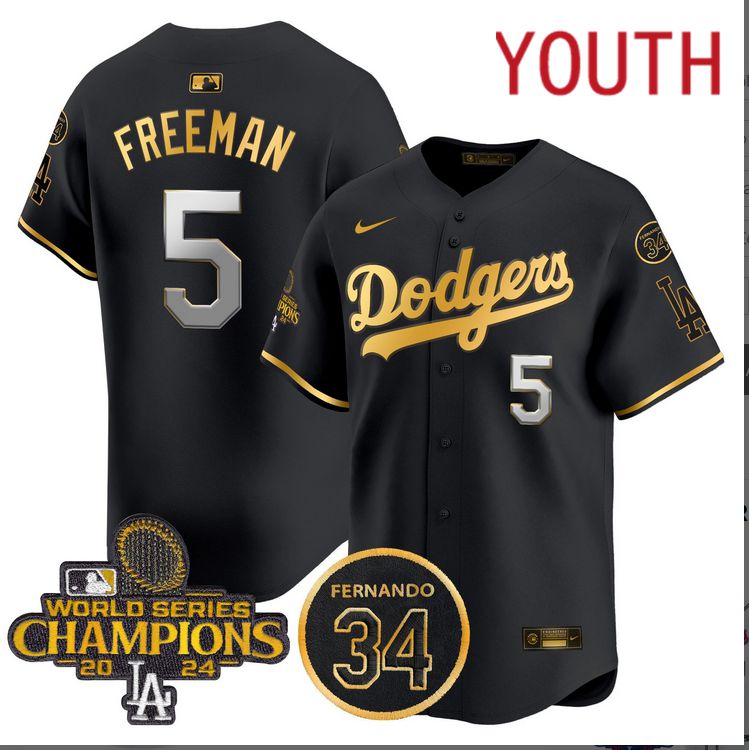 Youth MLB Los Angeles Dodgers 5 Freeman black 2024 World Series Champions Patch Limited Jersey